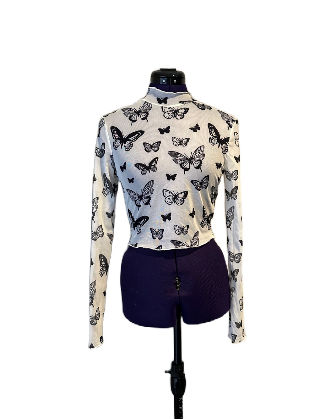 White Black Sheer Mesh Butterfly Long Sleeve Top